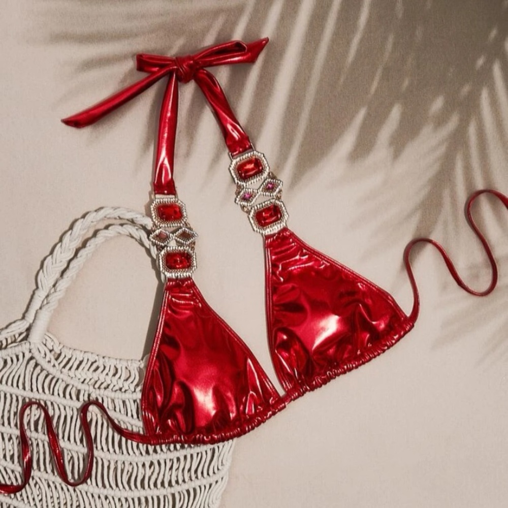 NEW: Red Metallic Gemstone Bikini Top